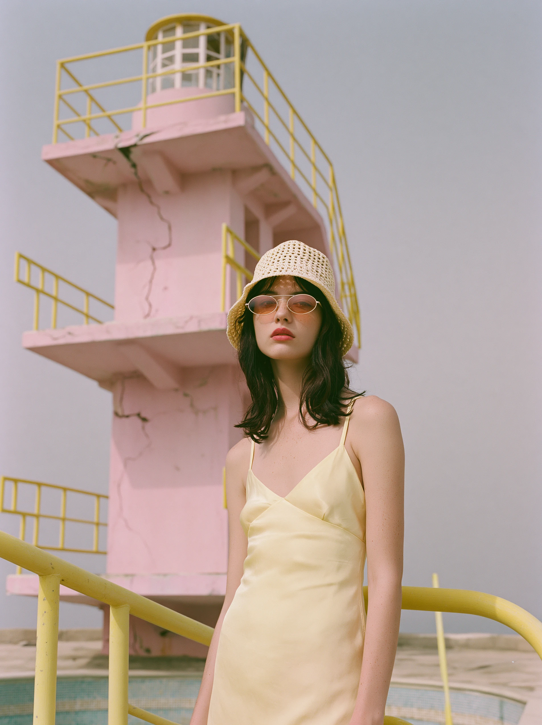 Model in a pale yellow slip dress before a cracked pink lifeguard tower